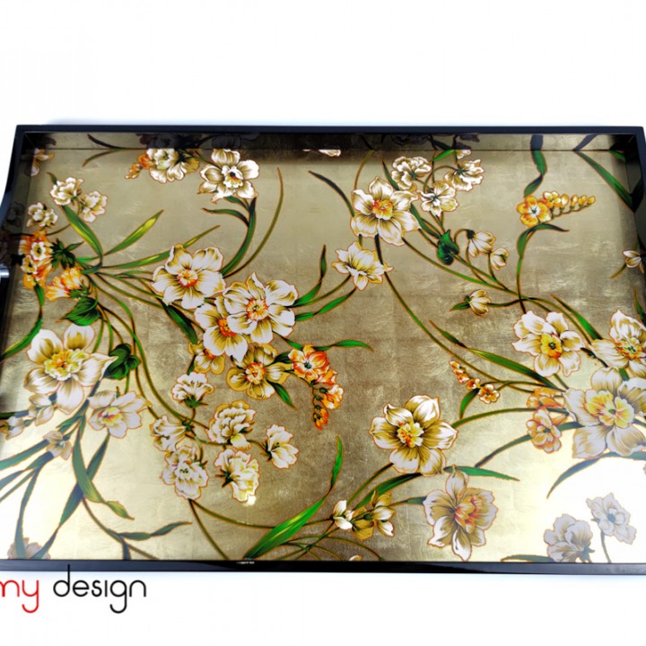 Black rectangle lacquer tray hand-painted with flowers 40*60 cm